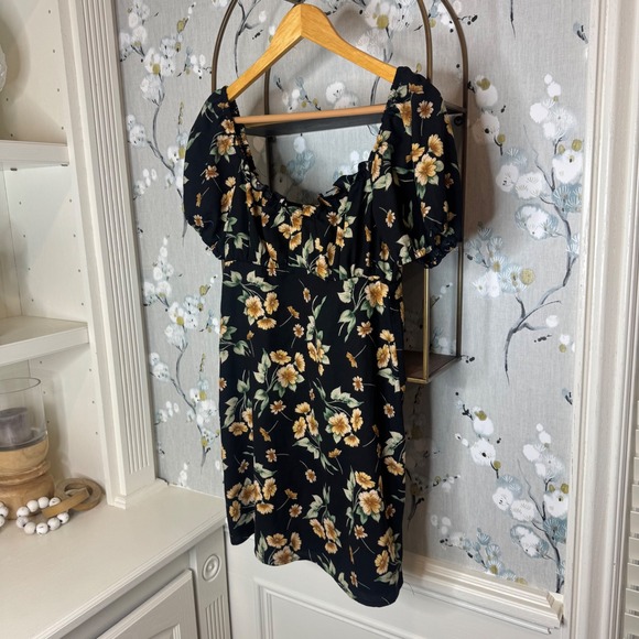 Altar'd State Floral Puff Sleeve Mini Dress Black Yellow Square Neck Womens M - Picture 2 of 8